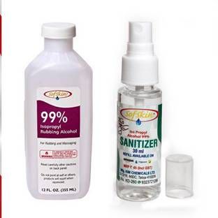 Sofskin Rubbing Alcohol (Sanitizer) USA Brand 99% Pure & Safe Iso Propyl Alcohol - 355 ml Combo with 30 ml Spray Bottle Hand Sanitizer Bottle