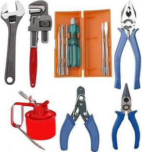 DHATRI TOOLS Tool Kit Set for Home/Garage/Car/Bike/Industry (Set of 7 Tool kit) Contains 5 Pcs Screwdriver Set + 1 8" Lineman Plier + 6" Wire Cutter + 10" Pipe Wrench + 8" Adjustable Spanner + 236 ml Oil Lubrication Can + 6" Needell Nose Plier Hand Tool Kit (8 Tools) Single Sided Pipe Wrench