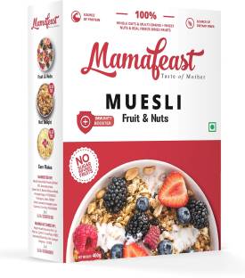 Mamafeast by Mamafeast Muesli Fruit and Nut 400g, Breakfast Cereal , High in Iron, Source of Fibre , Naturally Cholesterol Free, Whole Oats & Whole Grain, Finest Nuts & Raisins, Freeze Dried Fruits, No Sugar Infused Fruits, Immunity Booster�(400 g, Box) Box