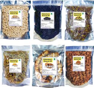 Debankan's Natural DF Combo Pack (6 x 100 gm Pack ) Almonds, Black Raisin,Figs, Pistachios, Raisins, Cashews (6 x 100 g) Pistachios, Cashews, Raisins, Figs, Almonds, Raisins