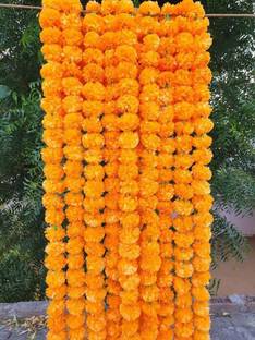 WishWorld Beautiful Reusable Decorative Artificial Marigold Fluffy Flowers Garlands For Diwali Decoration, Festival & Home Decor, Mango Color Yellow Marigold Artificial Flower