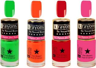 KRAYONS Gel Base Glossy Effect Nail Polish Enamel Color Combo of 4 Trendy Shades(SIGNAL RED,NEON GREEN,ANGEL PINK,NEON ORANGE) Neon Orange, Signal Red, Angel Pink, Neon Green