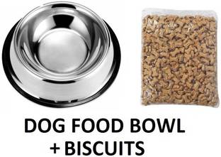 Hachiko Best Quality Super Quality Premium Pet Bowl + Biscuits High Quality Anti Skid Scratch Proof Dog Bowl Round Steel (Pet Bowl Stainless Steel Feeding Plain 750 ml Silver) (250 g Biscuits) Round Steel Pet Bowl