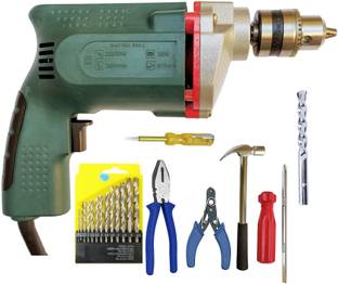 Qualigen Heavy Duty 10mm Electric Drill Machine with 13pc hss Plier Wire Cutter Tester Screwdriver Hammer Masonry bit Set and In The Box Electric Drill Machine with 13pc hss , Plier, Wire Cutter ,Tester , Screwdriver, Hammer and Masonry bit Set Heavy Duty 10mm Electric Drill Machine Pistol Grip Drill