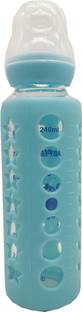Te Quiti baby feeding bottle (240) ML boot/round bottle with nipple & rubber grip bottle for kids sip sipper glass water & milk bottles with BPA-Free for Girls Boys Kids sipper - (Blue)