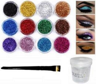 Elecsera Multi Colors Eye Dry Thick Shimmer Glitters - Pack Of 12 Pcs with Eye Glue/Gum & Eye shadow Brush 48 g