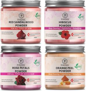 puranex 100% Natural & Pure Red Sandal Wood Powder For Soft, Pimple free, Glowing & Shiny Skin & Hibiscus Powder For Deep Cleaning, Exfollating & Detoxifying & Rose Petals Powder For Pinkish, Soft, Pimple free, Extra Glowing & Shiny, Deep Cleansing Skin & Orange Peel Powder For Deep Cleansing, Detoxifying ,Soft, Pimple free, Glowing & Shiny Skin Face (Face Pack for Men & Women) 400 GM (Pack of 4) 100 GM Each