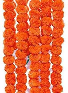 VIMIBELLS 5 Pcs Marigold Flower Mala | Genda Phool Mala (Set of 5) Wall Hanging | Speacial Ocassion Decoration | Home Decor Pooja | Office | Festival Decorative (4.5 Ft Each) (30 Flower in Each String) Orange Marigold Artificial Flower