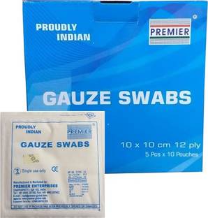 Premier Pack Of 50 counts GAUZE SWAB 10 cm X 10 cm 12 Ply | STERILE SWAB| ( 5 Pcs X 10 Pouches ) Sterile Gauge Roll
