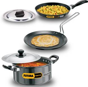 Hawkins Futura 3 Pieces Cookware Set 1 - Flat Tava, Frying Pan, Stewpot Combo Tawa 26 cm diameter with Lid