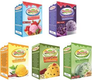 Dharmasut by Dharmasut Strawerry + Black current + Mango + Kesar Pista + Pista instant mix ice cream powder (100g*Pack of 5) | 500g 500 g