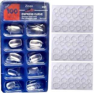 Zinzo Imported Professional Quality Transparent Artificial Clear Dynamic shinning professional Finger Empress Curve 100 Tips Fake Nails with 3 Sheet Double Sided Nails Glue Sticker Clear white Transparent
