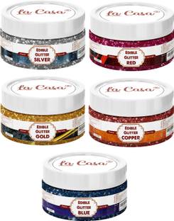 La Casa Premium Edible Glitter - SILVER,GOLDEN,RED,BLUE,COPPER | Pack of 5 | Metallic Glitter Ideal for Cake Icing Decoration & Garnishing | Glitters