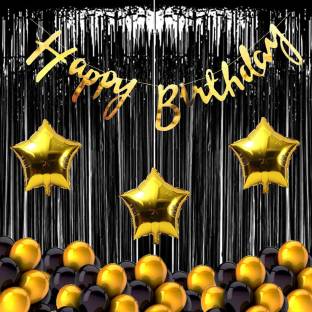 Realistic Store Happy Birthday Bunting Banner 2 Pcs Black Curtain 3 Golden Star 30 Metallic Balloons Combo Set