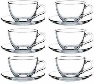 MOOZICO Pack of 12 Glass Pack of 12 Glass Glass Best Quality Designer Tea and Coffee Cup Mugs 6 cup 6 saucer clear (Clear)/Pack of 6 Glass Transparent Glass Cup Tea and Saucer & Coffee (6 cup and 6 saucer set)