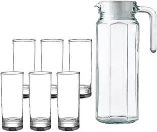vetreo Round Shape Plain Water GLASS Long Glasses Set & Water jug with Plastic Cap Jug Glass Set