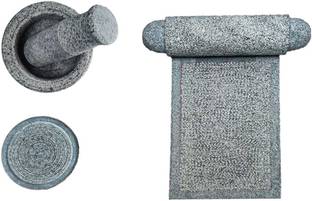 Kerala Traditional Ammikallu / Silbatta 12 inch x 7 inch with Stone Mortar and Pestle / Okhils and Rubbing Sandalwood / Turmeric round shape Stone ( Ancient Ayurvedic Set ) Stoneware Masher