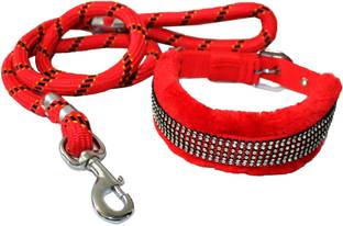 Petshop7 Premium Quality Fur Padded Nylon Diamond Dog Collar & Leash Rope (Neck Girth Size - 14-18 inch) Dog Collar & Leash