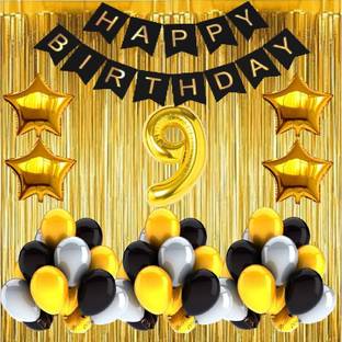 FANEX Solid No 9 Gold Foil Balloons with Happy Birthday Decoration Items or Kit Black Banner Set of 13 Letters with 100 HD Metallic Gold , Silver & Black Balloons Decoration + 4 Gold Star shape Foil Balloons for Party Decoration for Boys ,Girls & Kids + 2 Gold Fringe Curtains + 9th Birthday or 9th Year Birthday Gold Foil Balloons Balloon