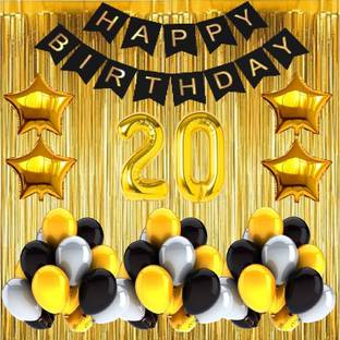 FANEX Solid No 20 Gold Foil Balloons with Happy Birthday Decoration Items or Kit Black Banner Set of 13 Letters with 30 HD Metallic Gold , Silver & Black Balloons Decoration + 4 Gold Star shape Foil Balloons for Party Decoration for Boys ,Girls & Kids + 2 Gold Fringe Curtains + 20th Birthday or 20th Year Birthday Gold Foil Balloons Balloon