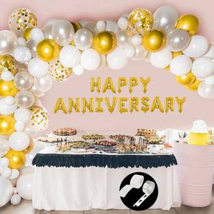 PARTY MIDLINKERZ Solid Happy Anniversary Balloons Decoration Kit 39 Pcs, 1 set of Golden 13Pcs "Happy Anniversary" alphabet foil balloons an 30pcs HD Metallic balloons(10 Gold, 10 Black & 10 Silver) and 5Pcs Confetti Balloon with 1Pc Glue Dot & 1Pc Arch Strip and 1Pc Ribbon for Husband Kids Girl Boys Balloons Decorations Items Combo with Helium Letters Foil Balloon Banner, Latex Metallic Balloons Balloon (Multicolor, Pack of 39)