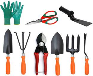IBEX Gardening Tools Set of 9 (Big Trowel, Small Trowel, Weeder, Cultivator, Garden Fork & Double Cut, Khurpi, Multipurpose Scissor, Gloves) Garden Tool Kit