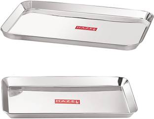 HAZEL Stainless Steel Serving Tray Rectangle Plate Plater Set of 2, Small and Large, Silver Tray
