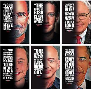 Motivational Wall Posters and Inspirational Quotes for Office, Home and gym, (Steve Jobs, Barack Obama, Elon Musk, Warren Buffett, Mark Zuckerberg, Jeff Bezos) Pack of 06 Paper Print