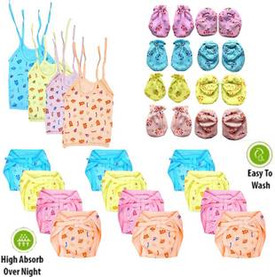 Bigbought New Born Baby Care Cloth Set Combo Set Of 24 Jhabla Nappy Mittens Hosiery Soft Material Random Print Design
