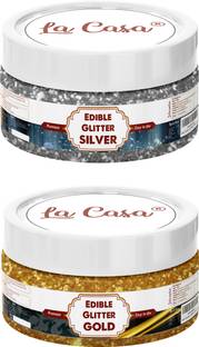 La Casa Premium Edible Glitter - Silver & Golden | Pack of 2 | Metallic Glitter Ideal for Cake Icing Decoration & Garnishing | Glitters