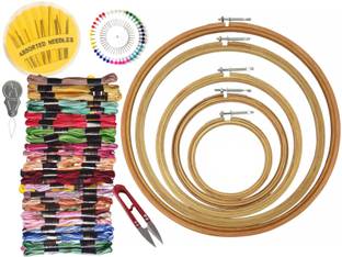 Upyukat Fabric Embroidery Hoop Ring kit- Set of 5 pcs, sizes: 4",6",8",10" & 12"(Inches) of Premium Quality Wooden Embroidery Hoop Ring Frame, Compact Needles Set along with threader, Double shaded Cotton Embroidery Thread Skeins (Set of 24 pcs), Thread Cutter, Pearl Head Pin Set
