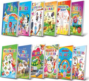 Picture Book Collections for Eary Learning (kids books Set combo of 12) -ABCD, Numbers Counting Tables, Colours & Shapes, Flowers, Fruits, Vegetables, Vehicles, Birds, Domestic animals, Wild Animals, Parts of the Body & Professions
