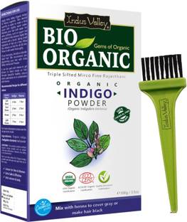 Indus Valley BIO Organic Indigo Powder For Hair Color & Care with Applicator Brush