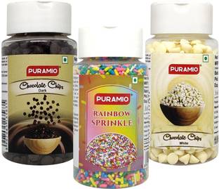 PURAMIO Cake Topping Combo Of- Dark Choco Chips + White Choco Chips & Rainbow Sprinkle, 75g Each Topping