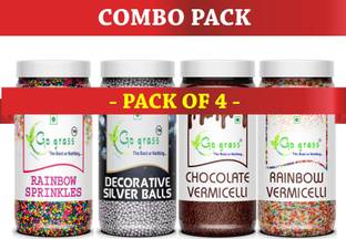 GO GRASS Combo of (Rainbow & Chocolate) Vermicelli 150 + 150 GRAM EACH | & Rainbow Sugar Balls + Silver Balls Topping 200 + 200 GRAM EACH ( Pack of 4 ) TOTAL 700 grams Sprinkles