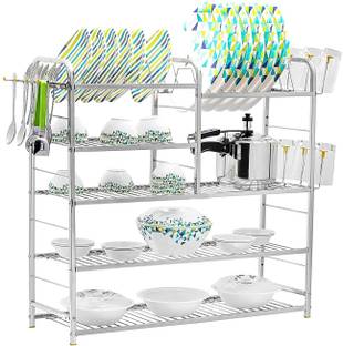 ZICKZEKZO Dish Drainer Kitchen Rack Steel Layer 5 [30x30 inch] wall mount dish rack |Kitchen utensils rack |Kitchen organizer| Modular kitchen storage rack| Utensils rack with plate & cutlery stand stainless silver| Morden kitchen rack| 100% non- magnetic stainless steel.