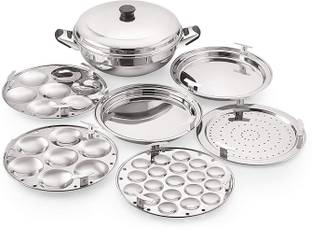RJ kitchenware Store by yes Multi Kadai with Induction Bottom 6 Pcs Set,1-Steamer Plate,1 Mini Idli Plate (19 Cavities),2 Idli Plates,2 Dhokla Plates,Silver Kadhai 10 cm diameter with Lid 2 L capacity
