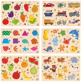 Webby Wooden Educational Colorful Fruits, Vegetables, Sea Animals Public Transport, Shapes, Animals- Set of 6 Puzzle