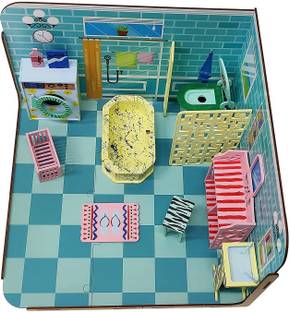 वेब्बी DIY Paint Your Pre-Assembled Bathroom Furniture Wooden Dollhouse Kit for Kids