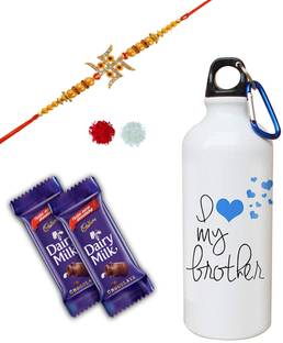 Cadbury I love my brother printed 750 ml sipper bottle with swastik rakhi with roli tilak pack combo Combo