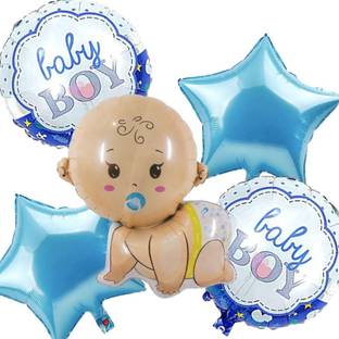 Wonder Printed Baby Shower Boy Decoration Kit 1 Baby Boy, 2 Blue Star, 2 Printed Round Foil Balloons for Boy Baby shower Balloon