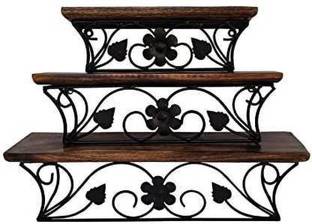 Umar Enterprises Wall shelf wooden wrought iron shelves set 3 wall hanging mounted floating wall decorative wood wall shelf living room bedroom wall decor shelves for brackets for flower pot stand antique wooden shelves beautiful shelves wooden & Iron Wooden, Iron Wall Shelf