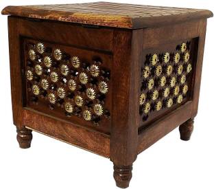 Smarts collection Beautiful Antique Wooden Stool with Brass Cutting Design Storage Stool for Living Room and Bedroom Furniture (Brown,12 X 12 X 12 Inches) Solid Wood Corner Table (Finish Color - Brown, Pre-assembled) Solid Wood Side Table