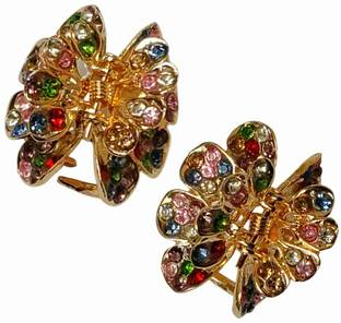 KPPLASTICO Rehinstone Golden Metal Small Hair Claw Clips Clutcher for Girls and Women Set of 2 Hair Claw