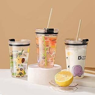 NXTMET Design Glass with Lid and Straw Tumbler Clear Lid with Scale Straw for Multiple Usage Glass (Printed Tumbler Glass with Straw, 450( pack of 3) Glass Coffee Mug