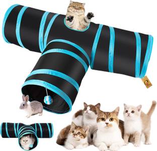 Foodie Puppies Interactive Light Weight Foldable 3 Way T Shape Tube Hiding Tunnel with Hanging Ball for Cat, Kitten, Rabbit, Guinea Pig & Puppies (Blue Black) Polyester, Steel Training Aid, Ball For Cat