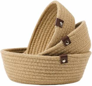 Textile and Beyond Jute small box mini rope paper storage JUTE basket woven laundry bag brown hamper baby nursery tray bucket organizer set of 3 for kids toys, fruits, kitchen, office, shelfs D.1 Storage Basket