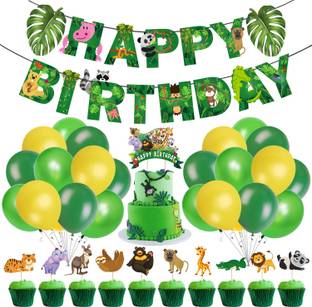 ZYOZI Jungle Safari Happy Birthday Decoration Kids,Animal Birthday Party Decoration Banner with Latex Balloons, Cake Topper and Cup Cake Topper for Boy Birthday 1st 2nd 3rd 16th 18th 21st (Pack of 37)