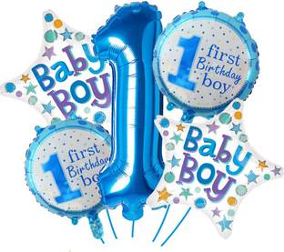 Elegant Lifestyle Solid 1st Happy Birthday Baby Boy Blue theme Balloon Item Set First Birthday Boy Printed Star Shaped Round Shaped with One shaped Party Decoration Item Prop Balloons kit for Children Kids Boys, Inflated Foil Balloon