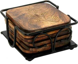 HiraWoodArt Square Wood, Metal Coaster Set